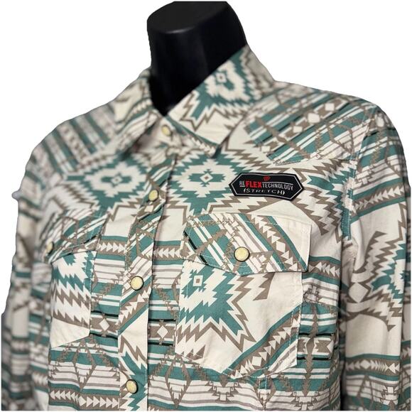 NWOT Rock Roll Denim Medium Cowgirl Aztec Western Shirt Women Blue White Rodeo - Picture 2 of 10